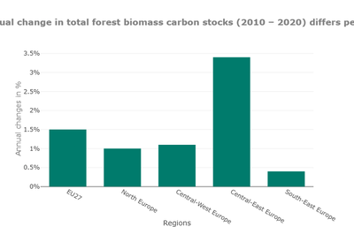 Annual percent change in total forest biomass carbon stocks by region, 2010-2020, in percentage